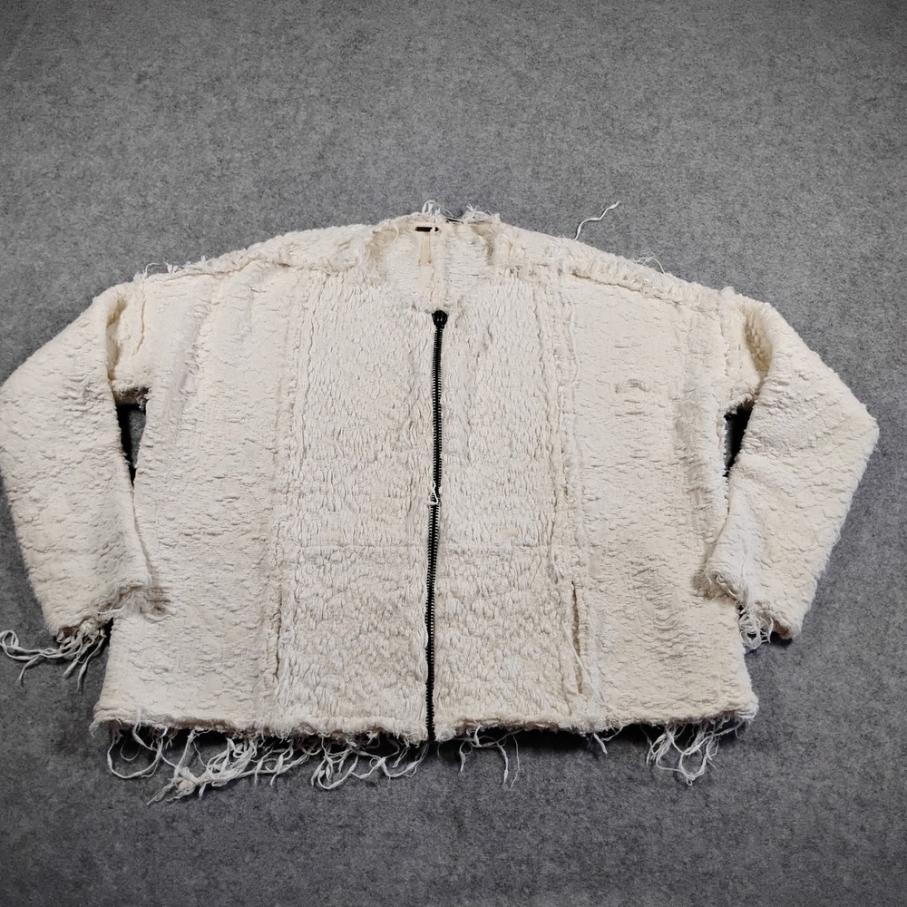 Free People Ivory Textured Cotton Full Zip Distressed Hem Jacket Favorite Crush